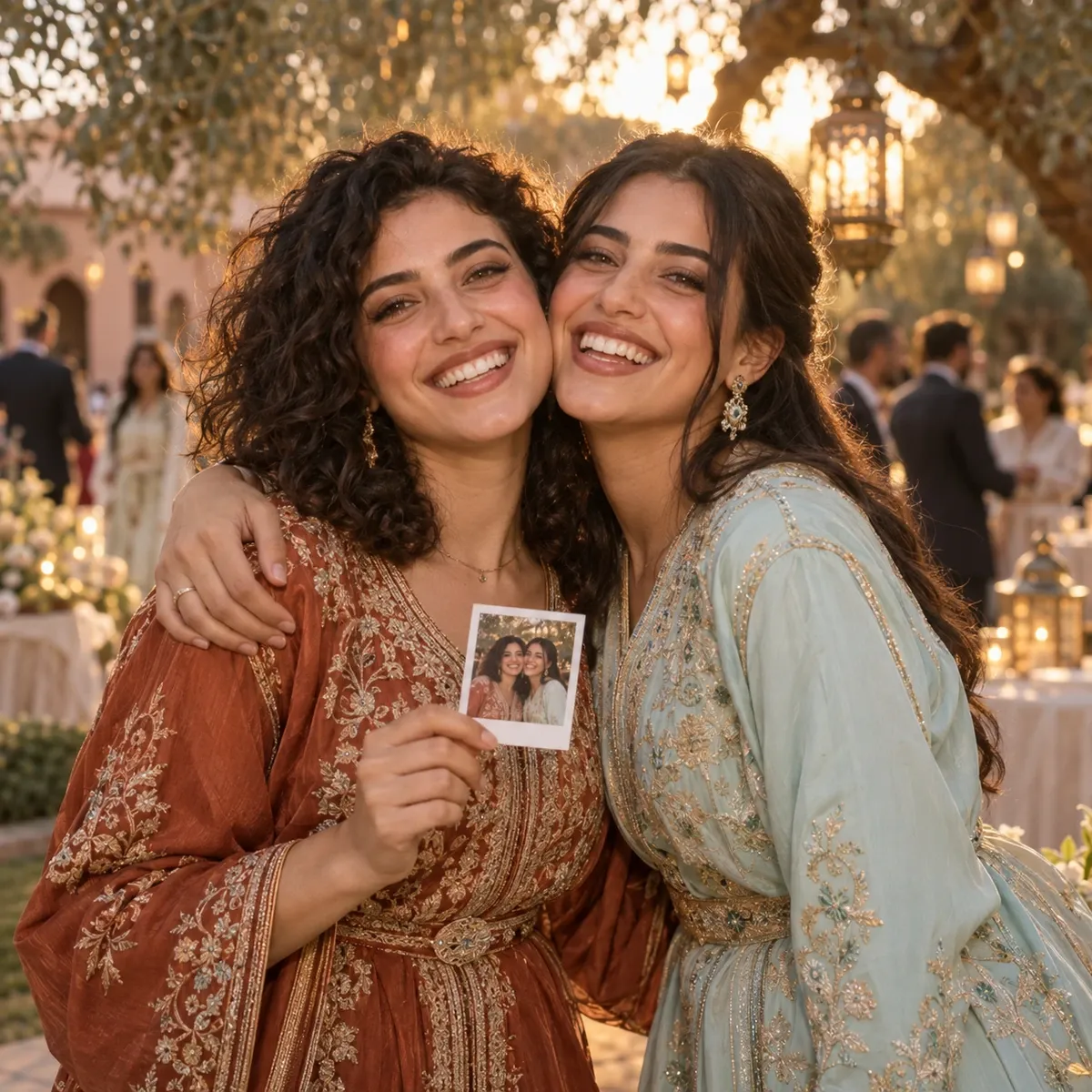 Two cousins laugh together with their wedding photo