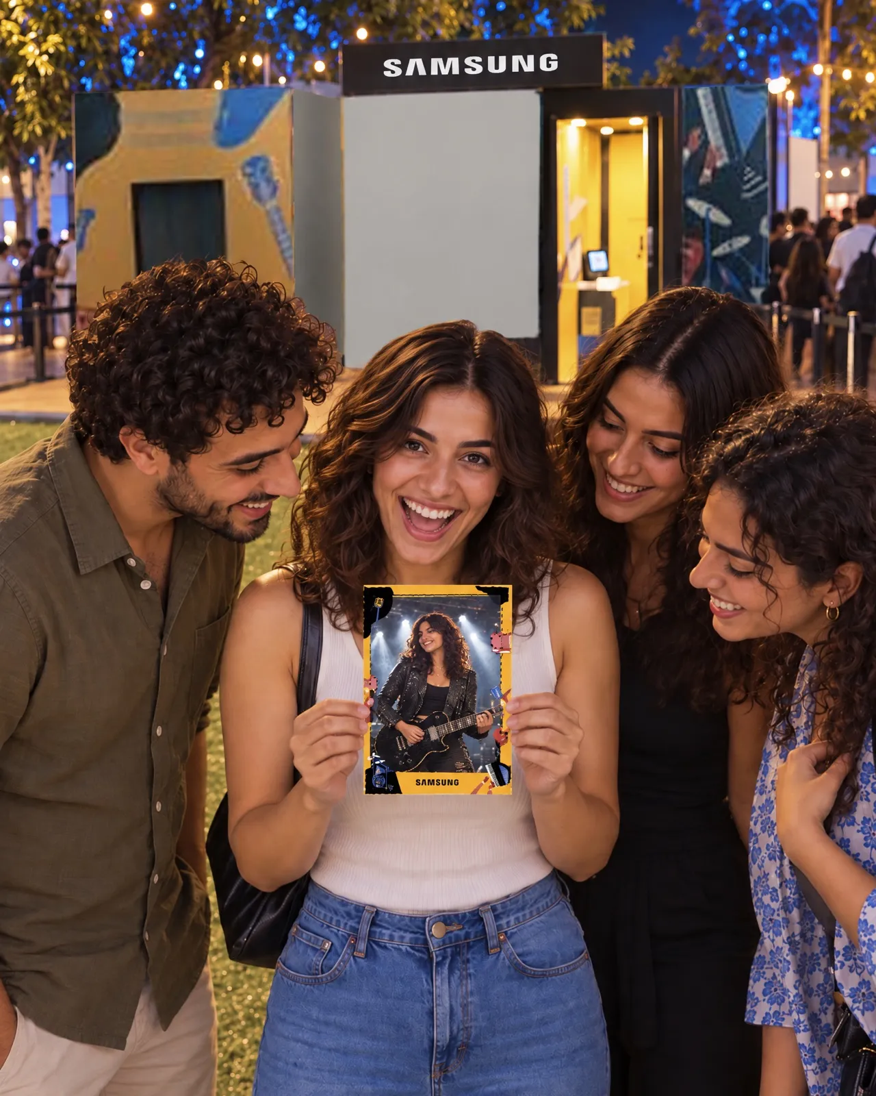 Une festivalière découvre en riant son tirage pochette d’album Samsung, ses amis autour d’elle