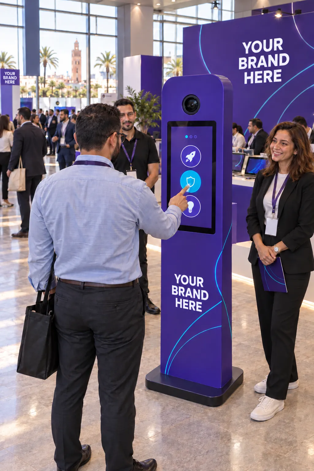 At a stand in your brand colours, a visitor answers the quiz by touching one of three pictograms on the booth