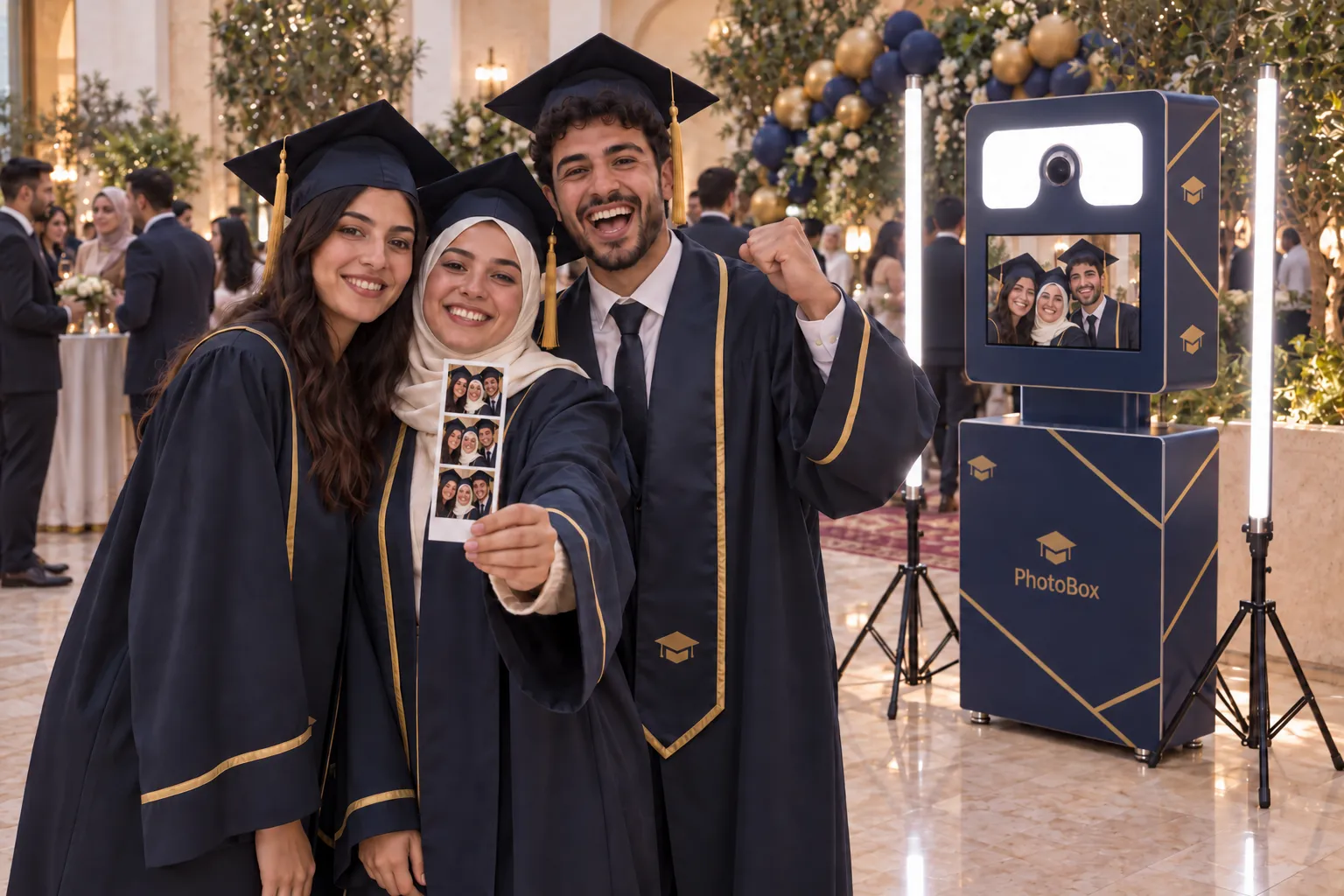 Trois diplômés présentent leur bande photo devant la Selfie Box de leur remise de diplômes