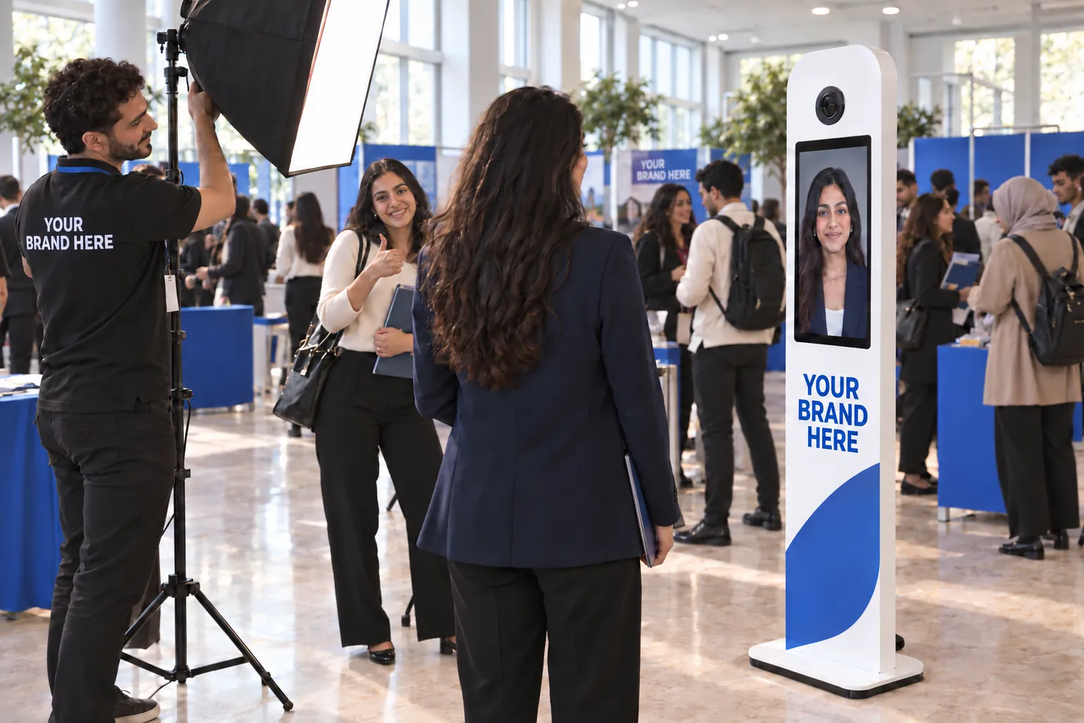 At a campus careers fair, a student sees her professional portrait on a booth screen in your brand colours