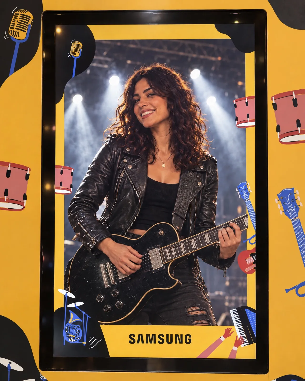 L’écran de la borne affiche un portrait transformé en pochette musicale Samsung