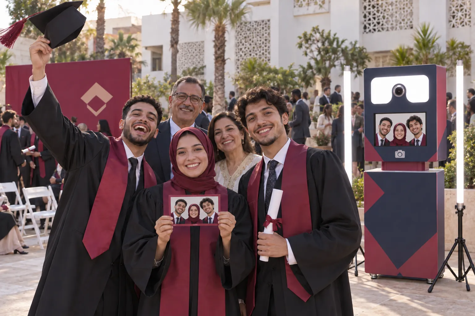 Trois diplômés présentent leur tirage devant la Selfie Box sur le campus, avec leurs proches