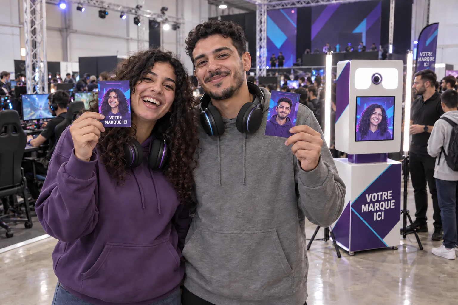 Deux joueurs présentent leurs cartes illustrées devant une Selfie Box aux couleurs de votre marque lors d’un événement gaming