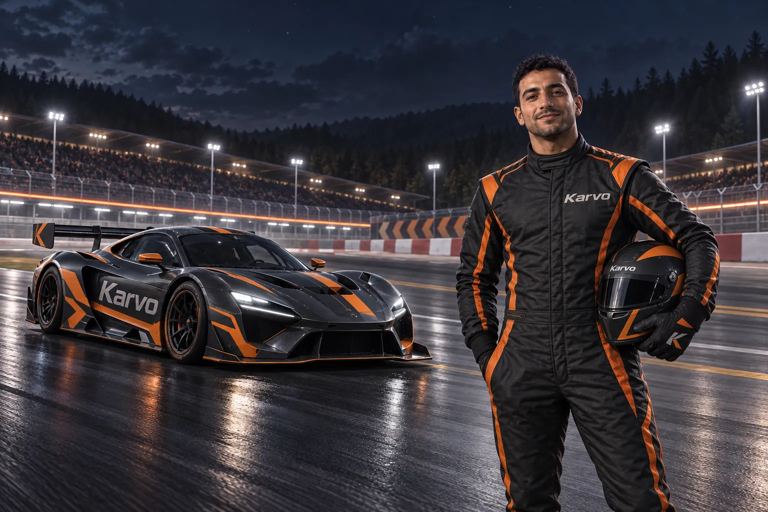 Affiche de jeu de course où un participant devient le pilote d’une voiture aux couleurs de Karvo