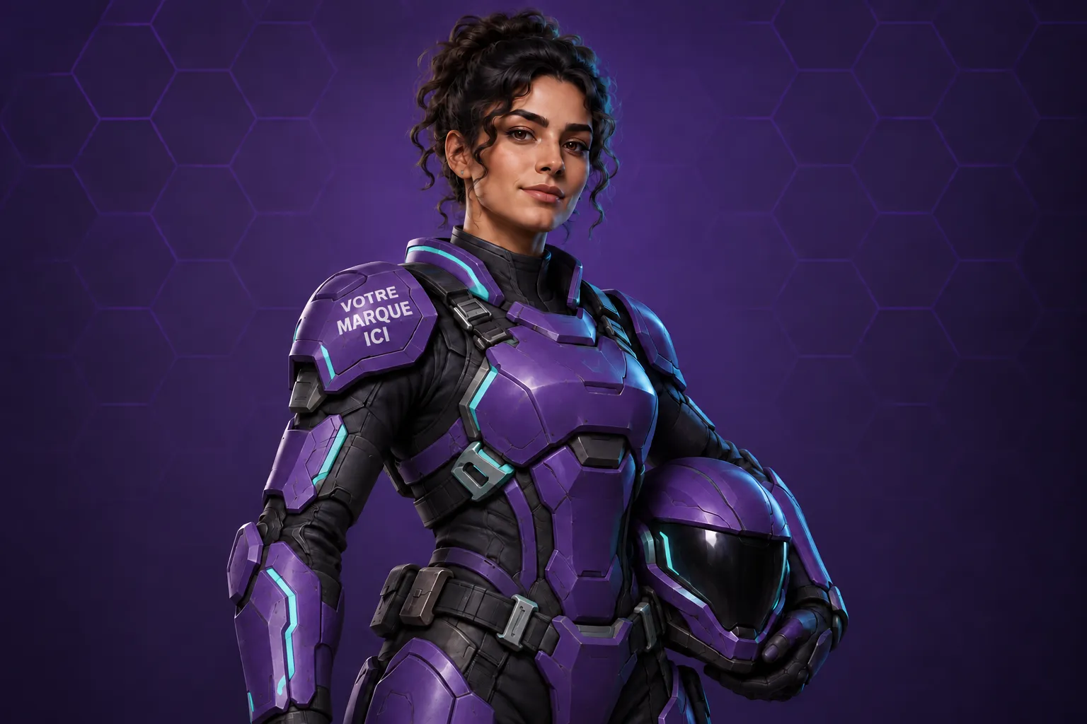 Avatar de jeu vidéo d’une participante, en armure violette et turquoise aux couleurs de votre marque