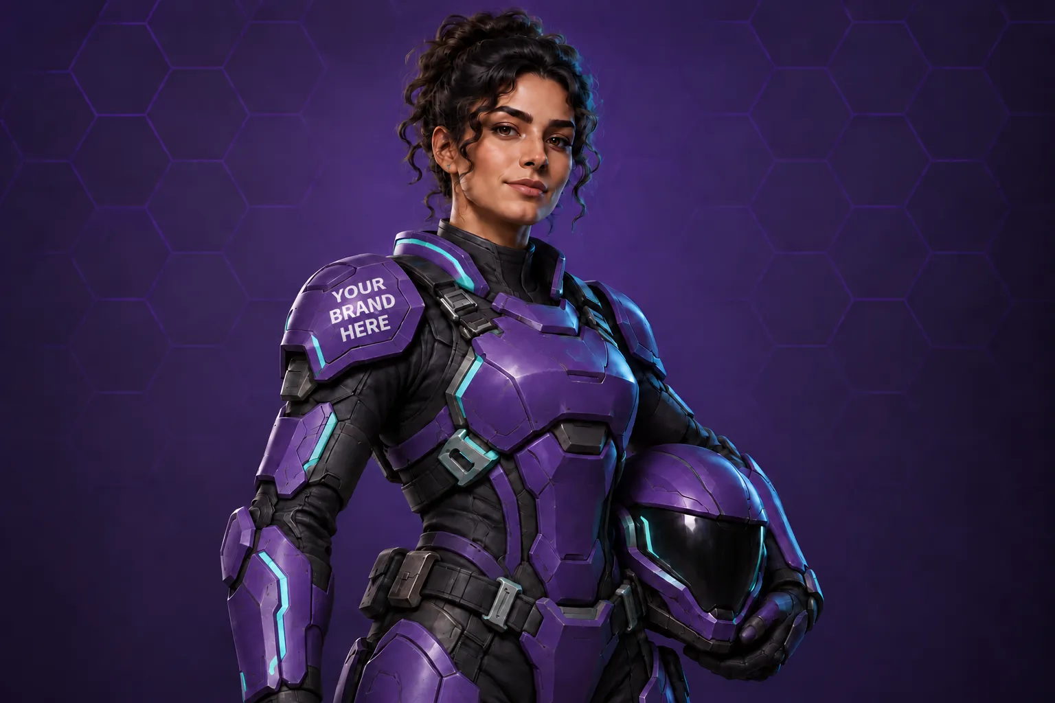 A participant’s video game avatar in violet and teal armour in your brand colours
