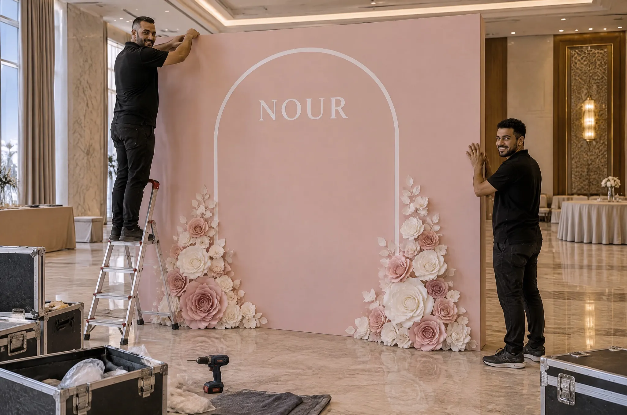 Deux installateurs montent un photocall rose à arche fleurie avant la réception