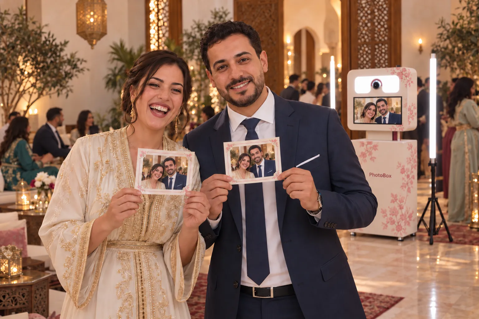 Deux invités présentent les deux exemplaires de leur portrait, la Selfie Box fleurie derrière eux