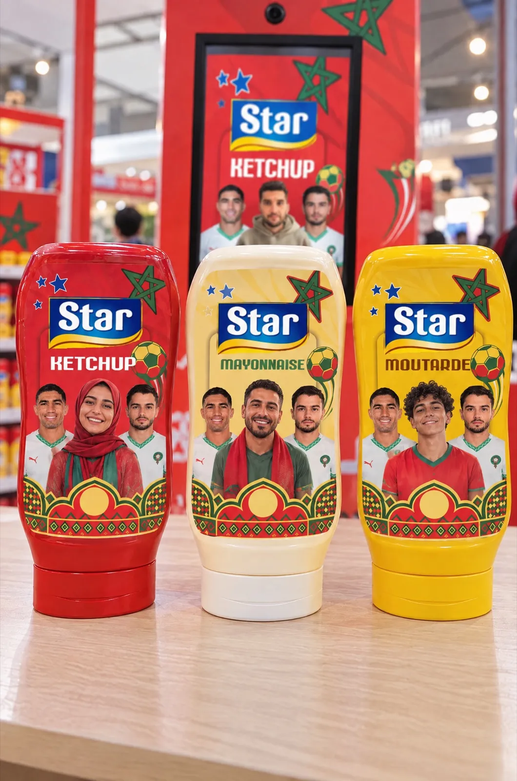 Trois bouteilles Star, ketchup, mayonnaise et moutarde, aux étiquettes personnalisées