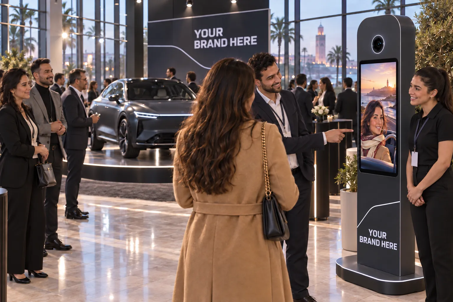 At a car launch, a guest sees her road-movie portrait on a booth in your brand colours