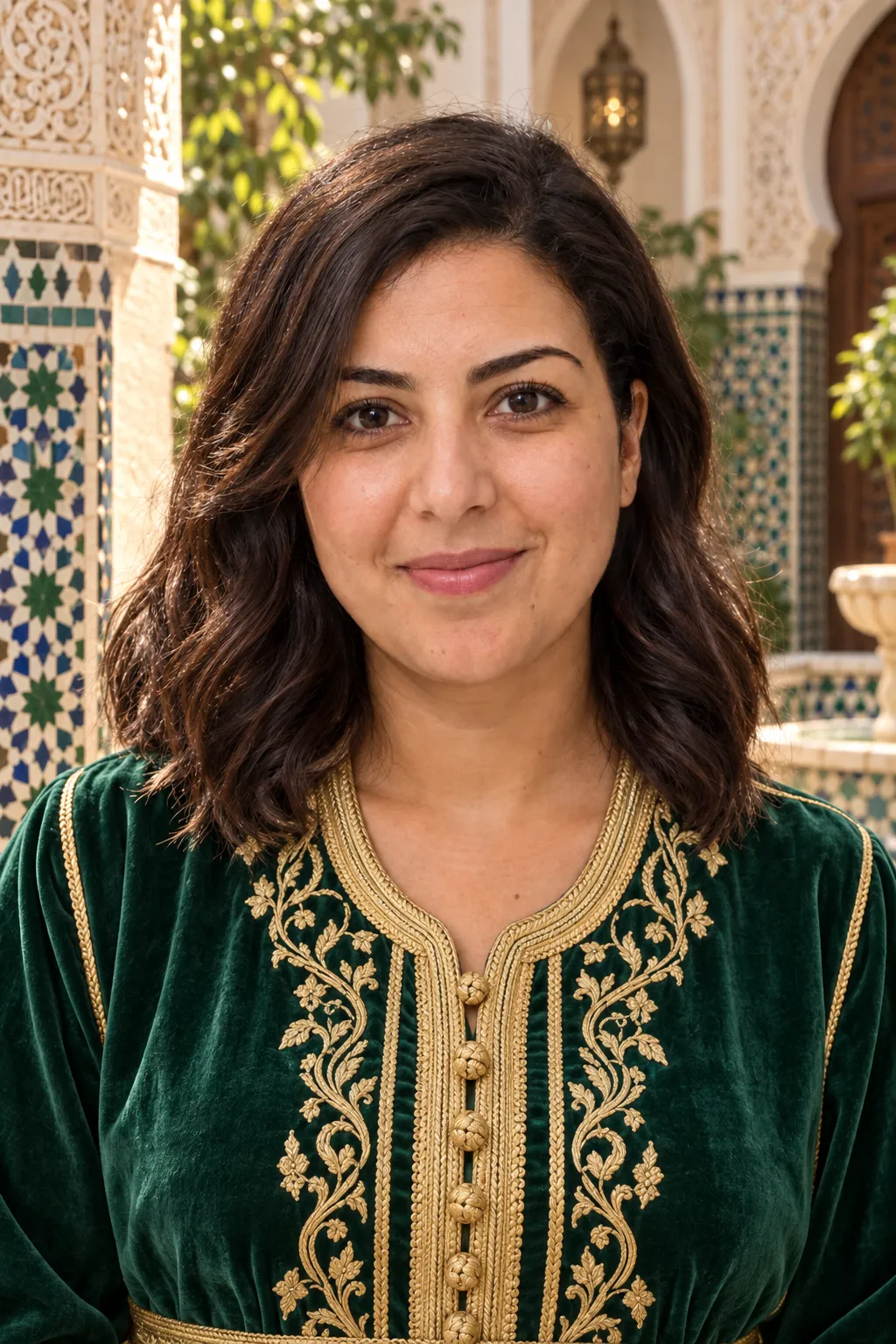 La même femme en caftan beldi brodé de sfifa et d’aakad, dans un riad aux zelliges sous une lumière chaude