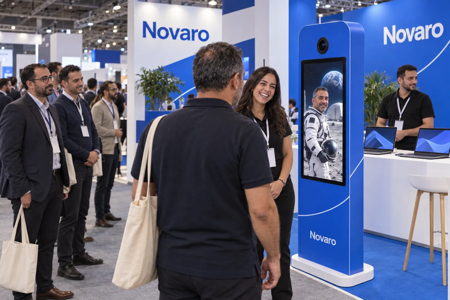 Sur un salon professionnel, un visiteur découvre son portrait d’astronaute sur une borne bleue Novaro, avec sa collègue qui rit.