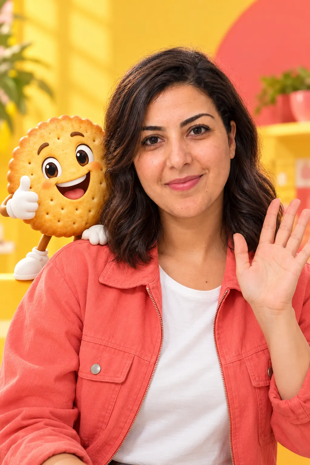 La même femme en veste corail salue, la mascotte de votre marque sur l’épaule : un biscuit souriant en animation 3D