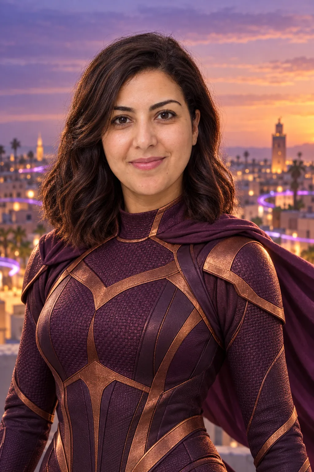 La même femme en costume prune et cuivre et cape, devant les toits d’une ville au crépuscule