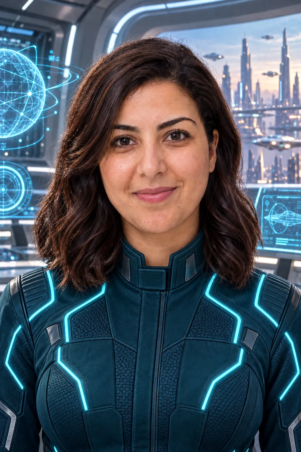Une femme souriante en combinaison bleu pétrole aux lignes cyan, entourée d’hologrammes, dans un centre de contrôle ouvert sur une ville futuriste
