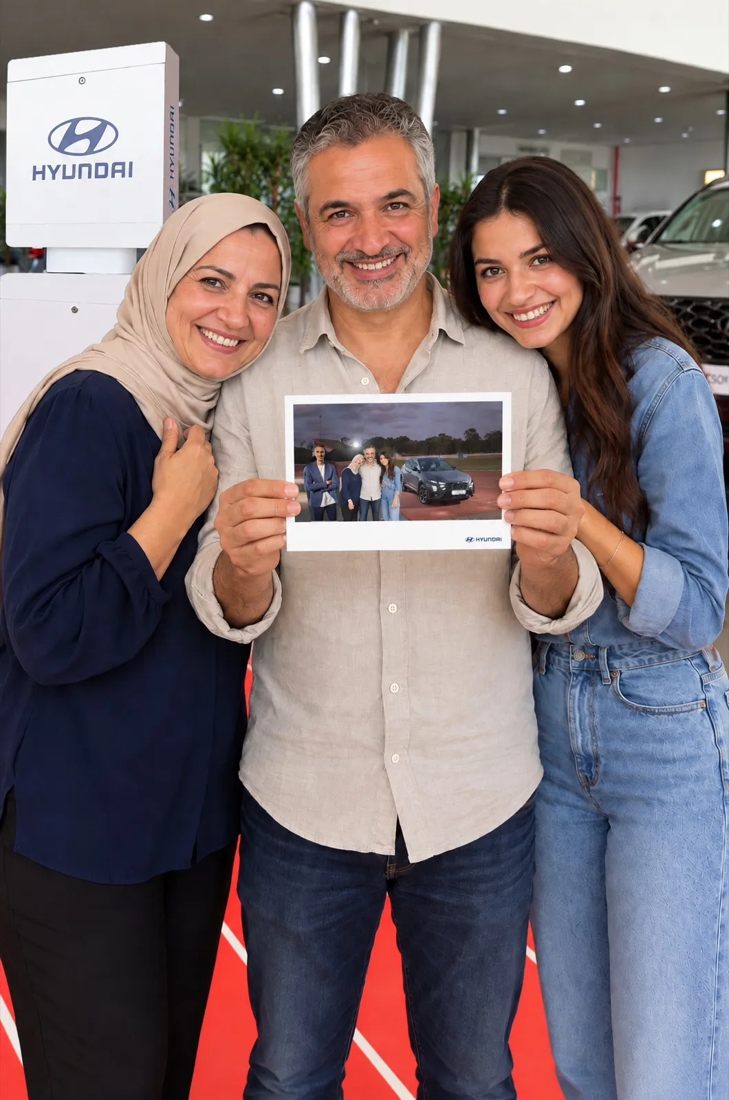 Une famille montre son tirage en souriant, à côté de la borne Hyundai en showroom