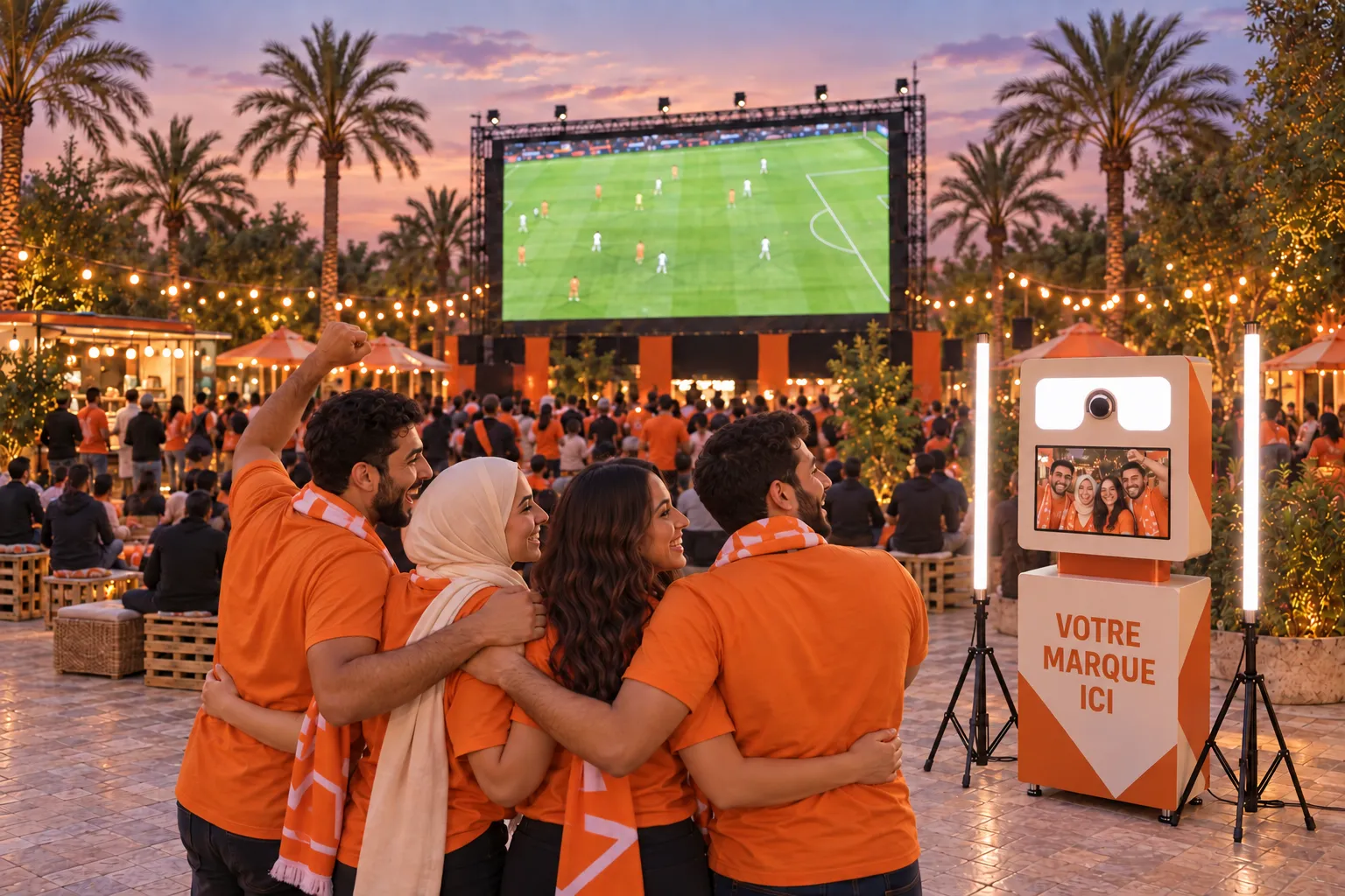 Des supporters aux couleurs de votre marque posent face à une Selfie Box dans une fan zone, leurs visages à l’écran