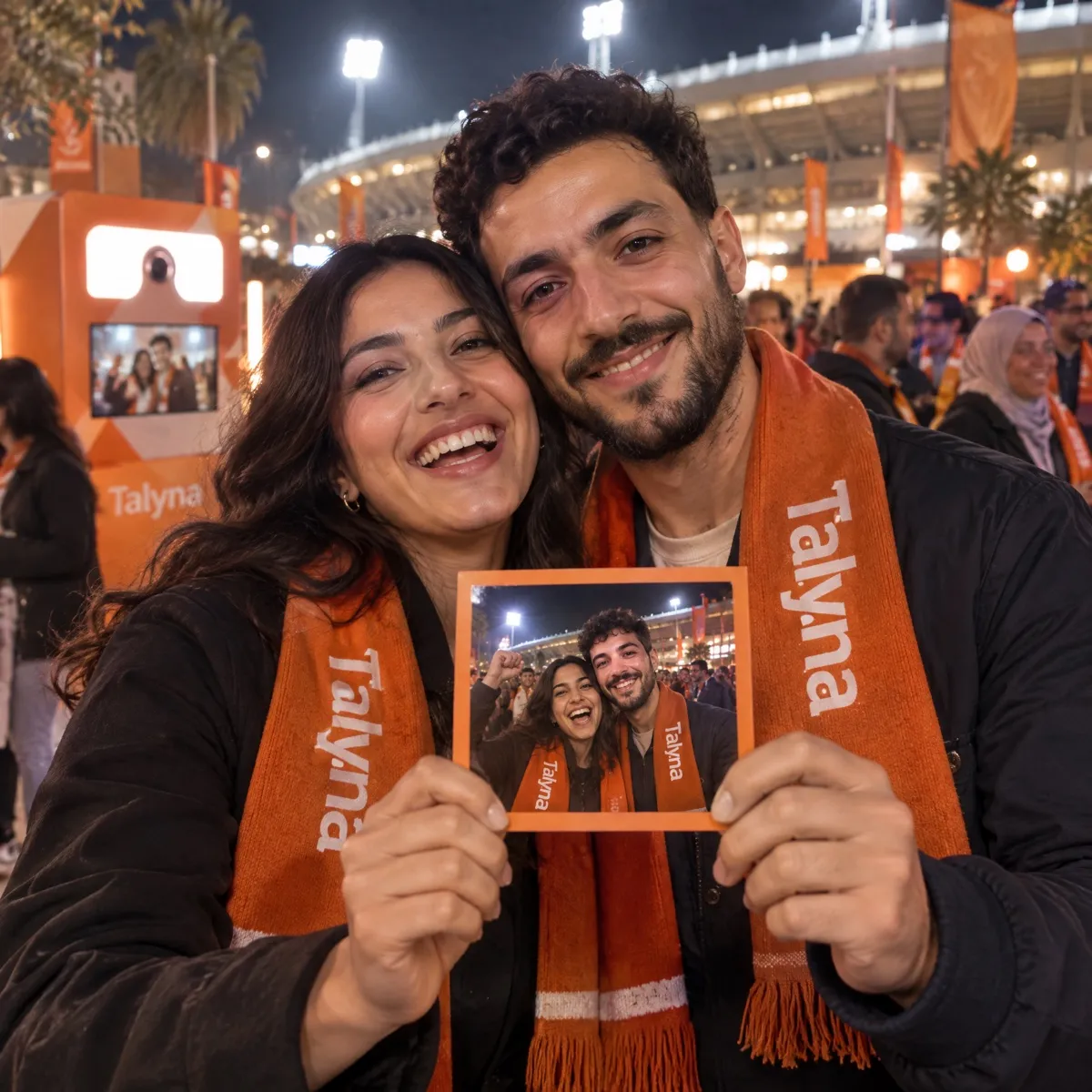 Two supporters in orange scarves hold up their photo print in a stadium fan zone