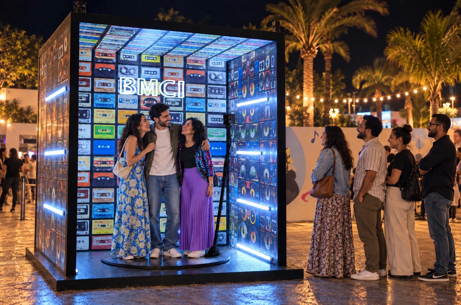 De nuit, le cube photo BMCI aux cassettes lumineuses : un groupe pose au centre, d’autres festivaliers attendent leur tour