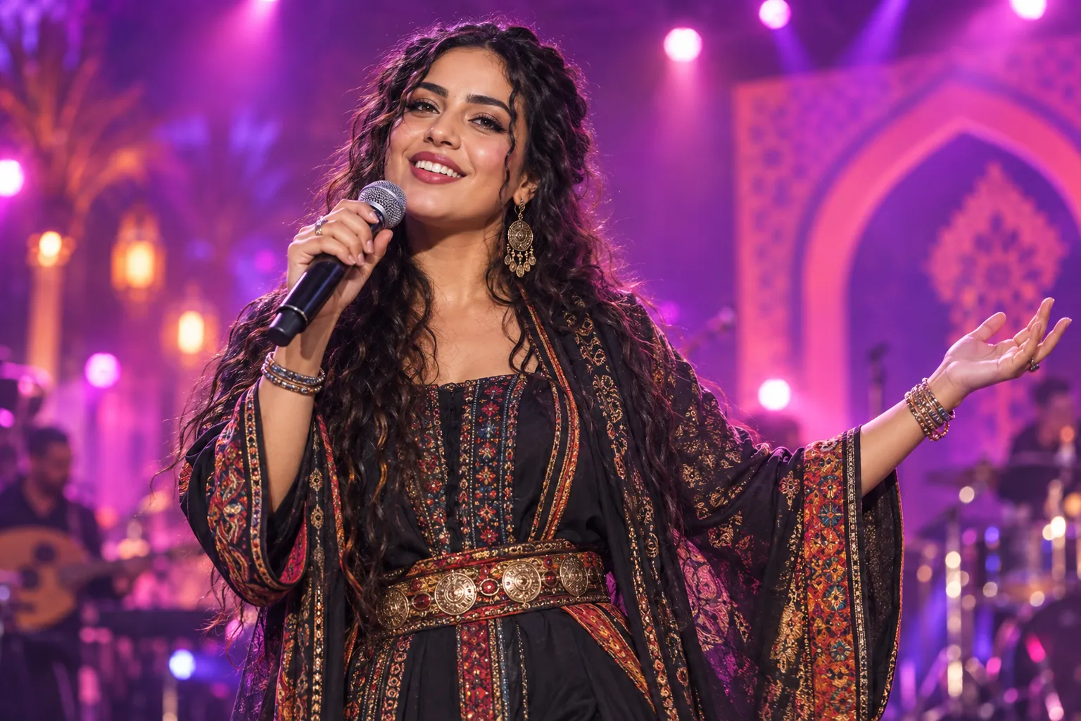 Portrait IA : une festivalière devient chanteuse sur une scène rose et violette