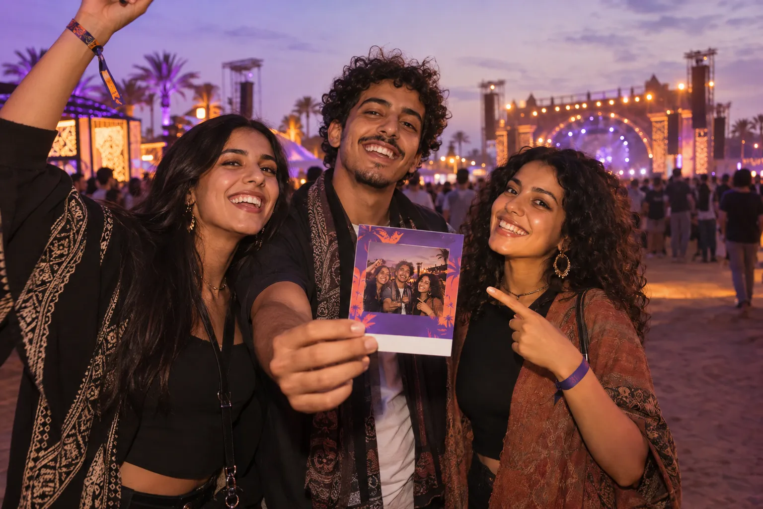 Festivaliers présentant leur souvenir photo dans un espace partenaires