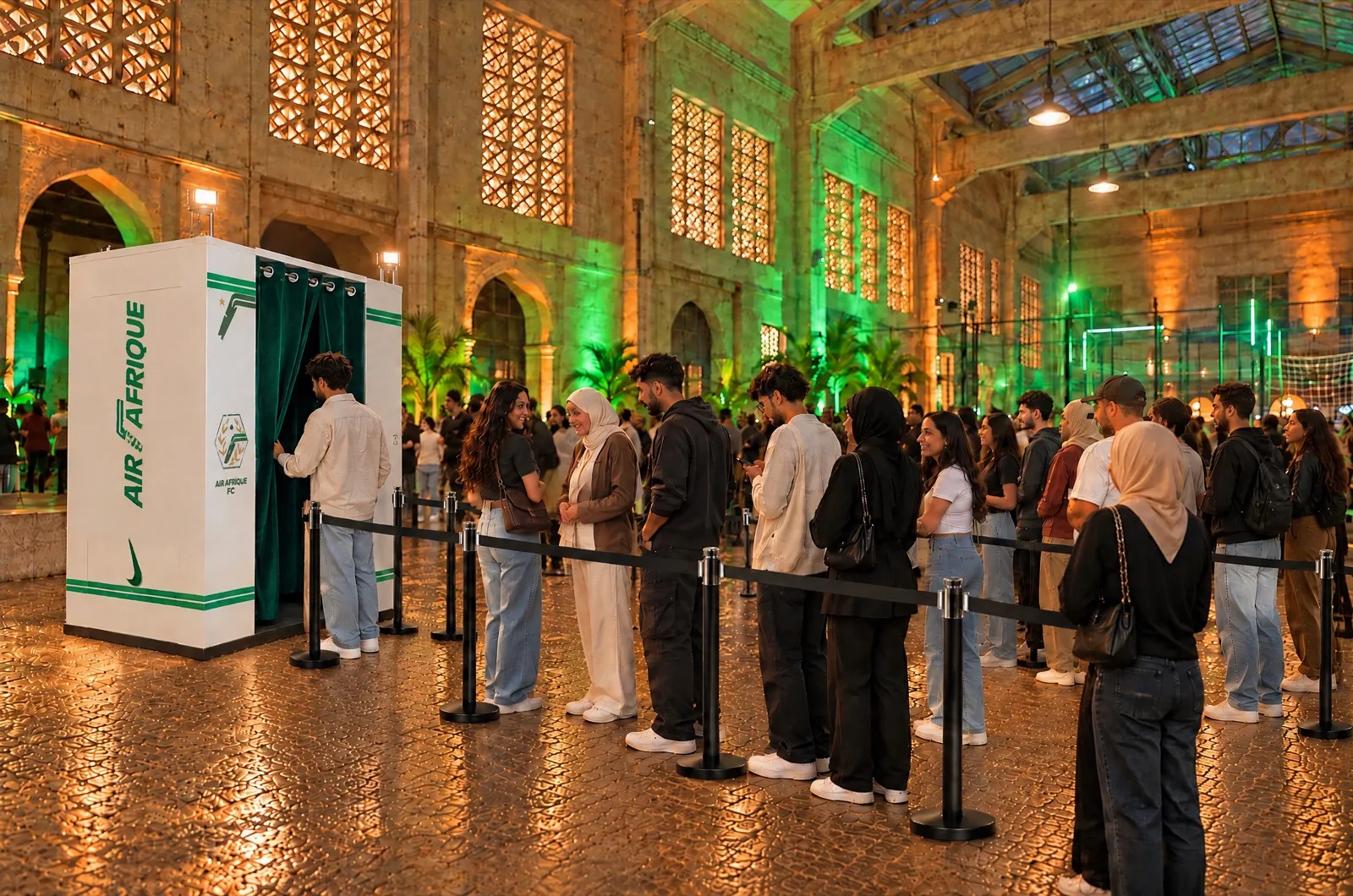 Une longue file de jeunes Casablancais attend derrière les cordons devant la cabine Air Afrique × Nike, sous les halles éclairées de vert