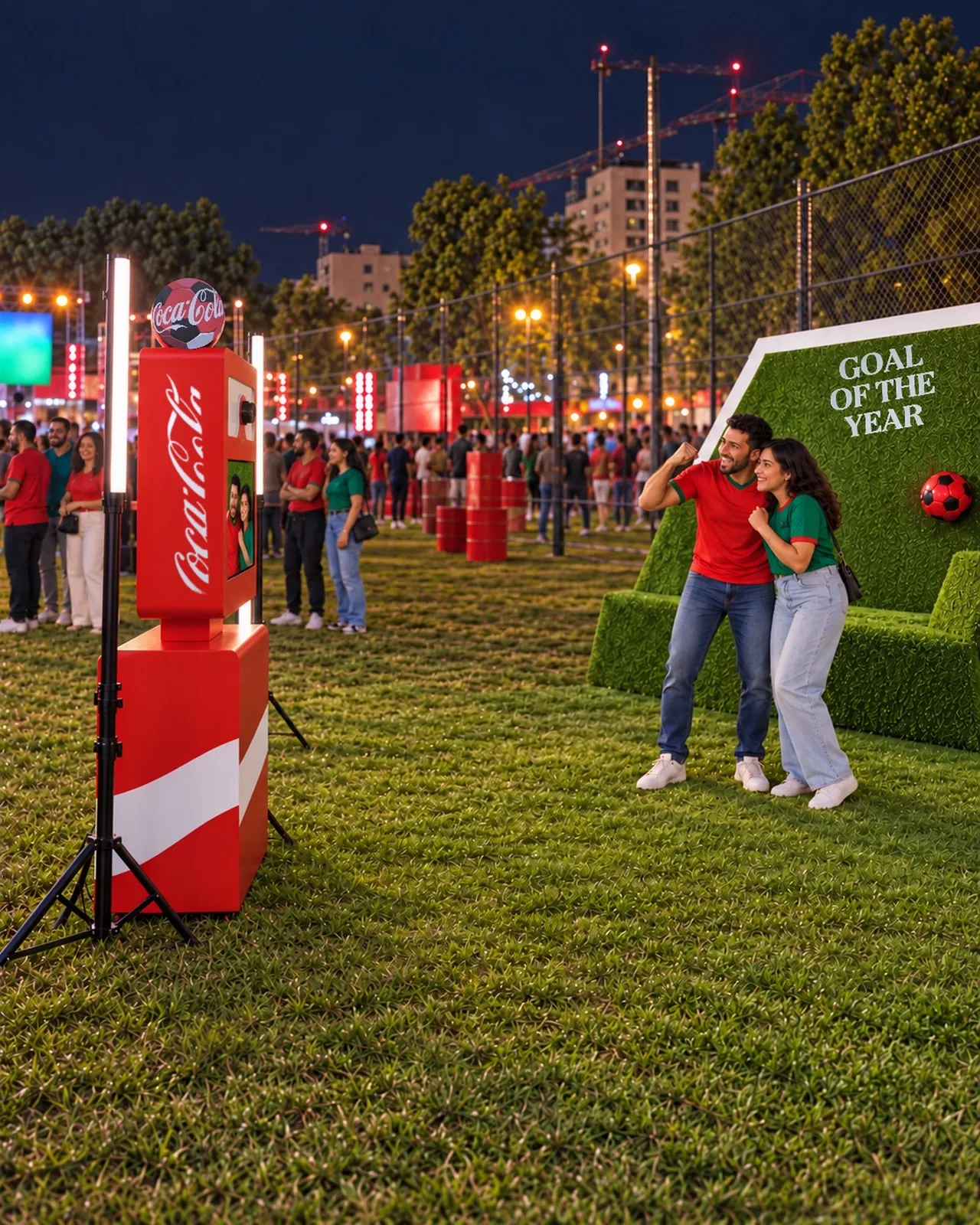 Face à la borne FanZone, un couple de supporters pose devant le décor « Goal of the Year », la fan zone en fond