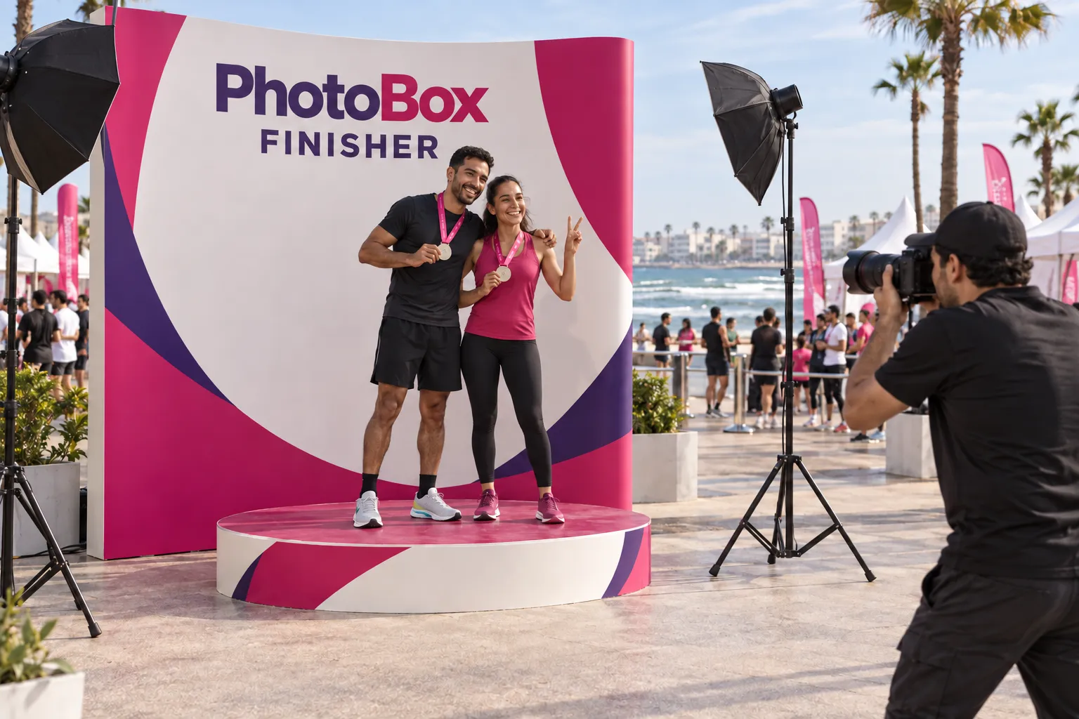 Two runners pose with their medals in front of the PhotoBox Finisher backdrop, facing the photographer