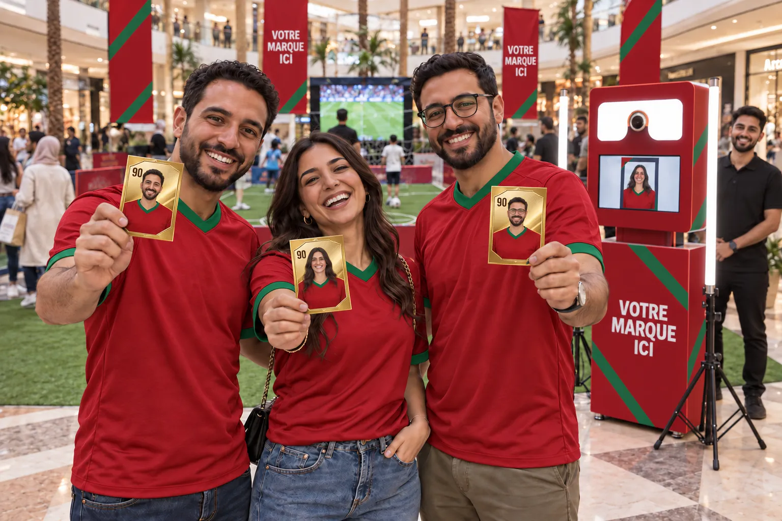 Trois supporters en maillot rouge et vert brandissent leurs cartes de joueur dorées devant une Selfie Box rouge « Votre marque ici »