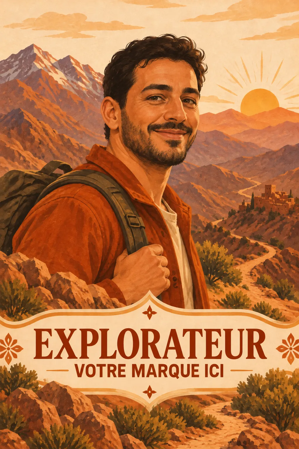 Carte persona Explorateur aux couleurs de votre marque : le portrait illustré d’un participant sur une crête de l’Atlas au lever du soleil