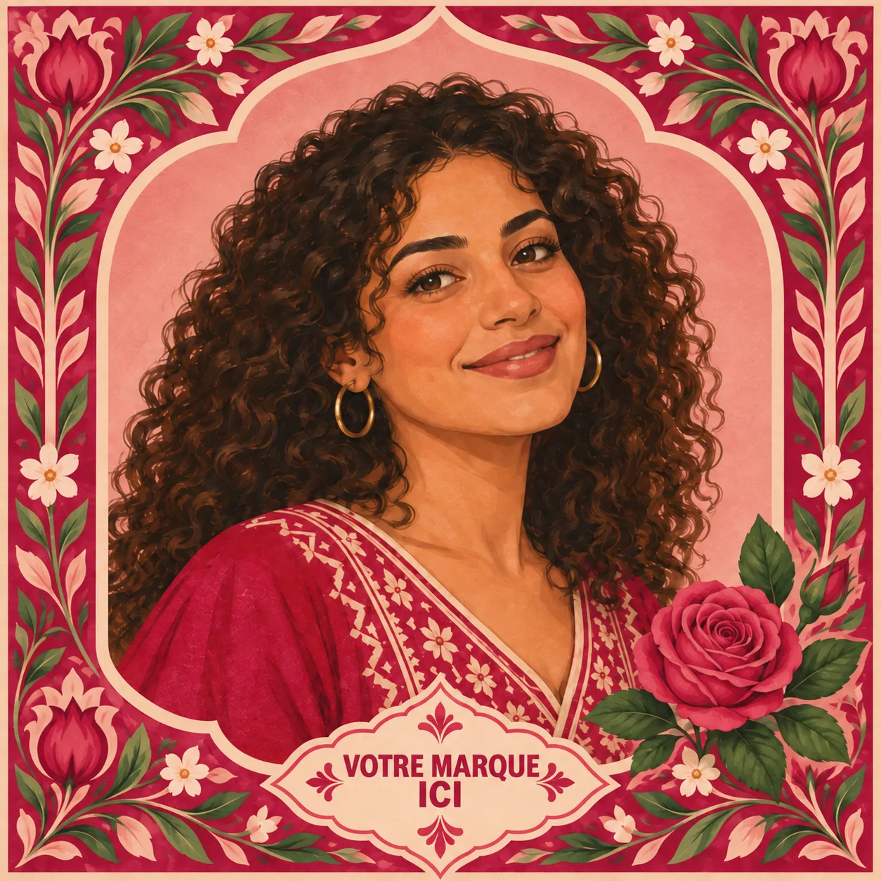 Un portrait illustré dans un décor floral aux couleurs de votre marque.