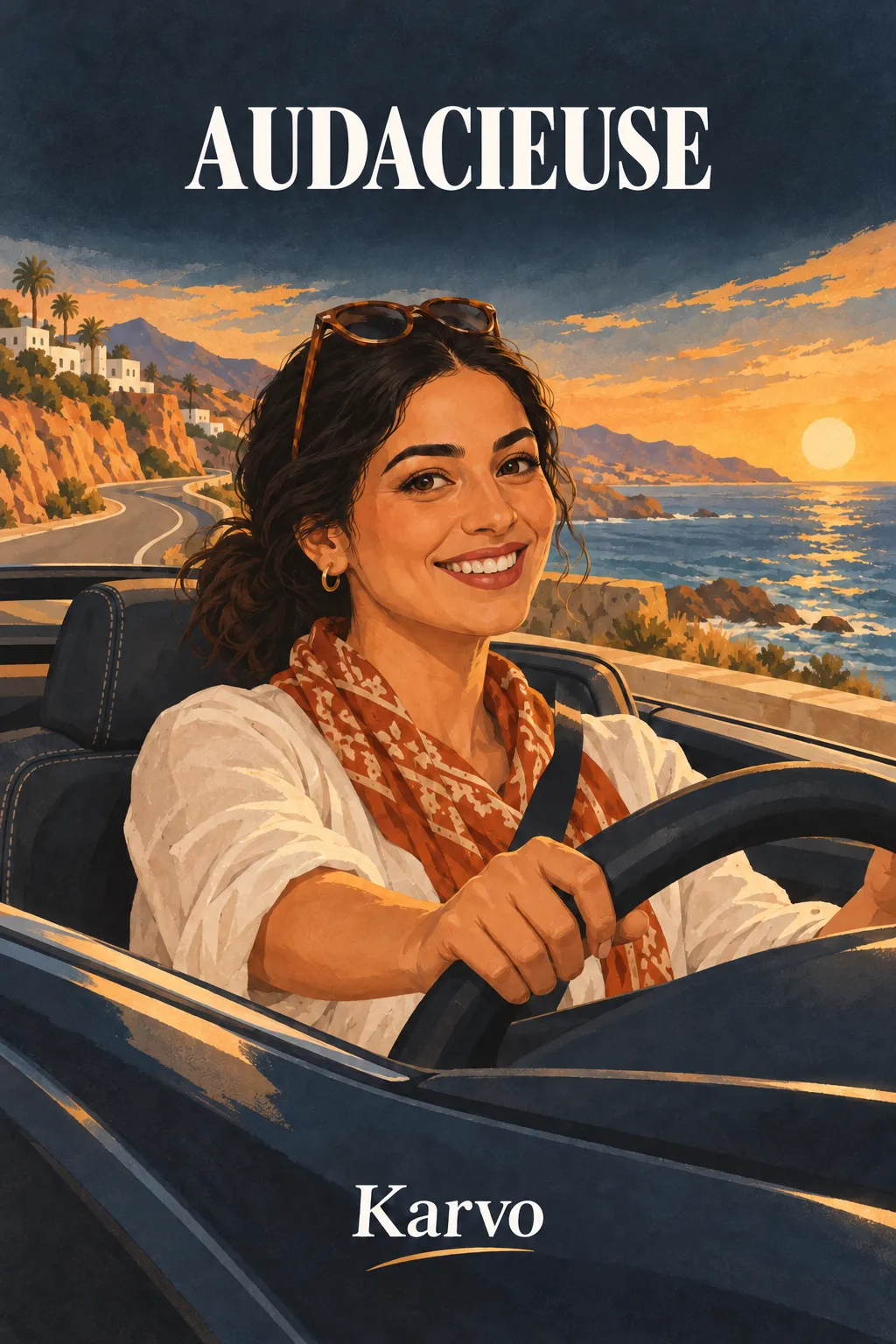 Story du profil Audacieuse de Karvo : une participante illustrée au volant d’un cabriolet sur une route au-dessus de l’Atlantique.