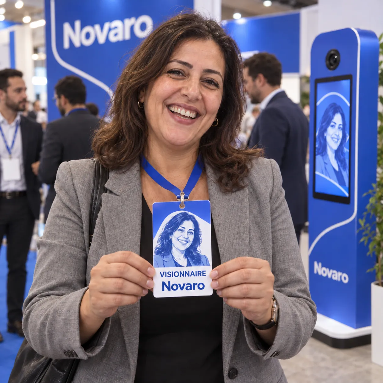 Sur un salon Novaro, une visiteuse présente son badge persona Visionnaire, illustré à son effigie.