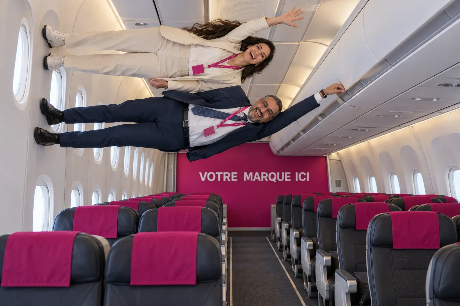 Photo Gravity Box retournée : dans une cabine d’avion habillée « Votre marque ici », deux collègues semblent debout sur la paroi des hublots