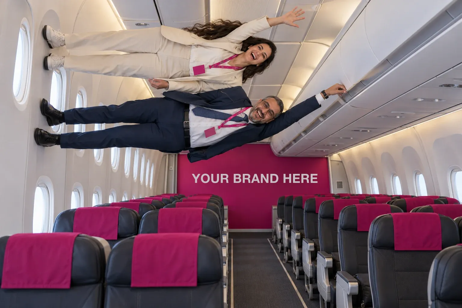 Gravity Box photo turned upright: in an airliner cabin set branded YOUR BRAND HERE, two colleagues seem to stand on the window wall