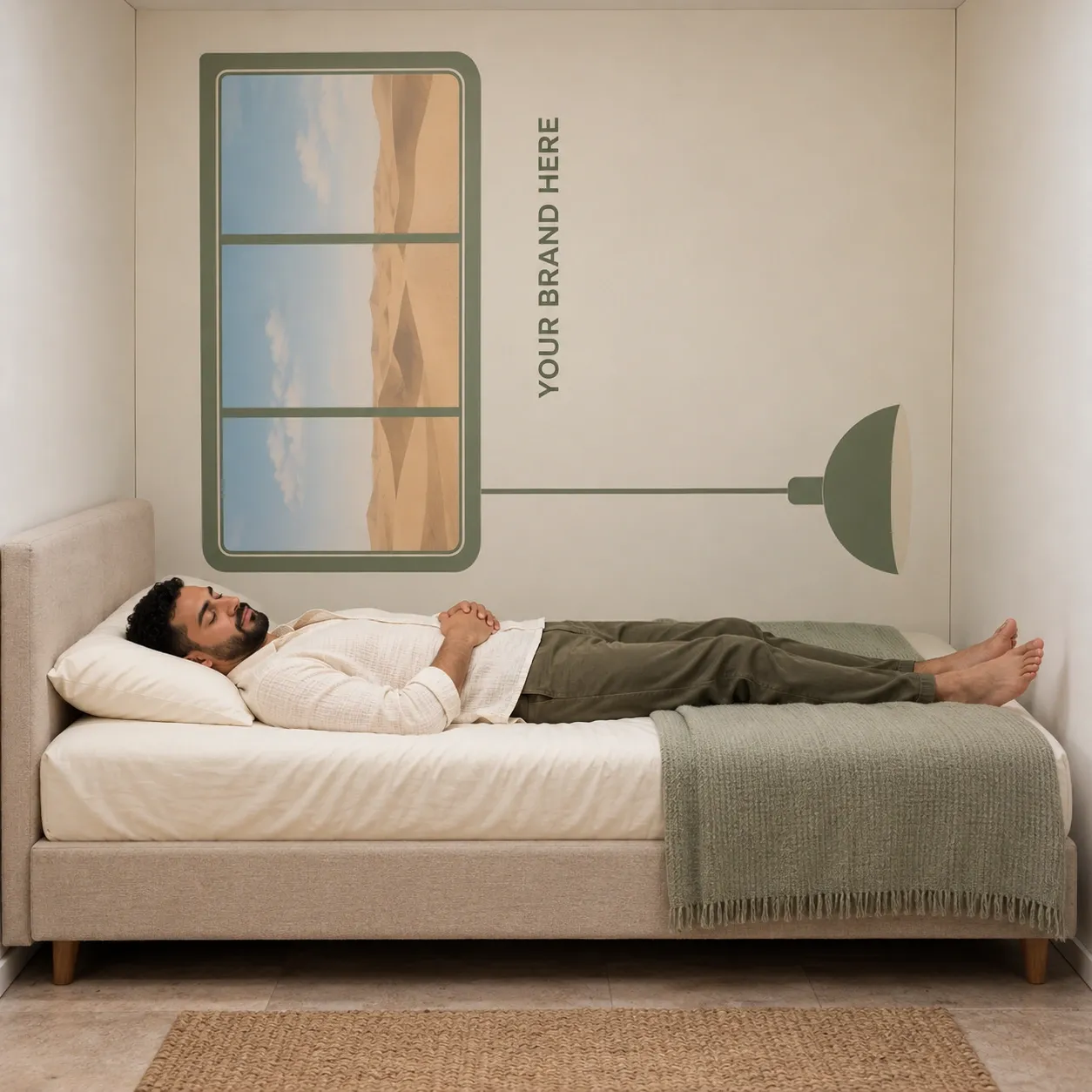 Un homme allongé sur un lit, tête sur l’oreiller ; les repères imprimés du décor sont orientés de côté pour une rotation de la photo à 90 degrés.
