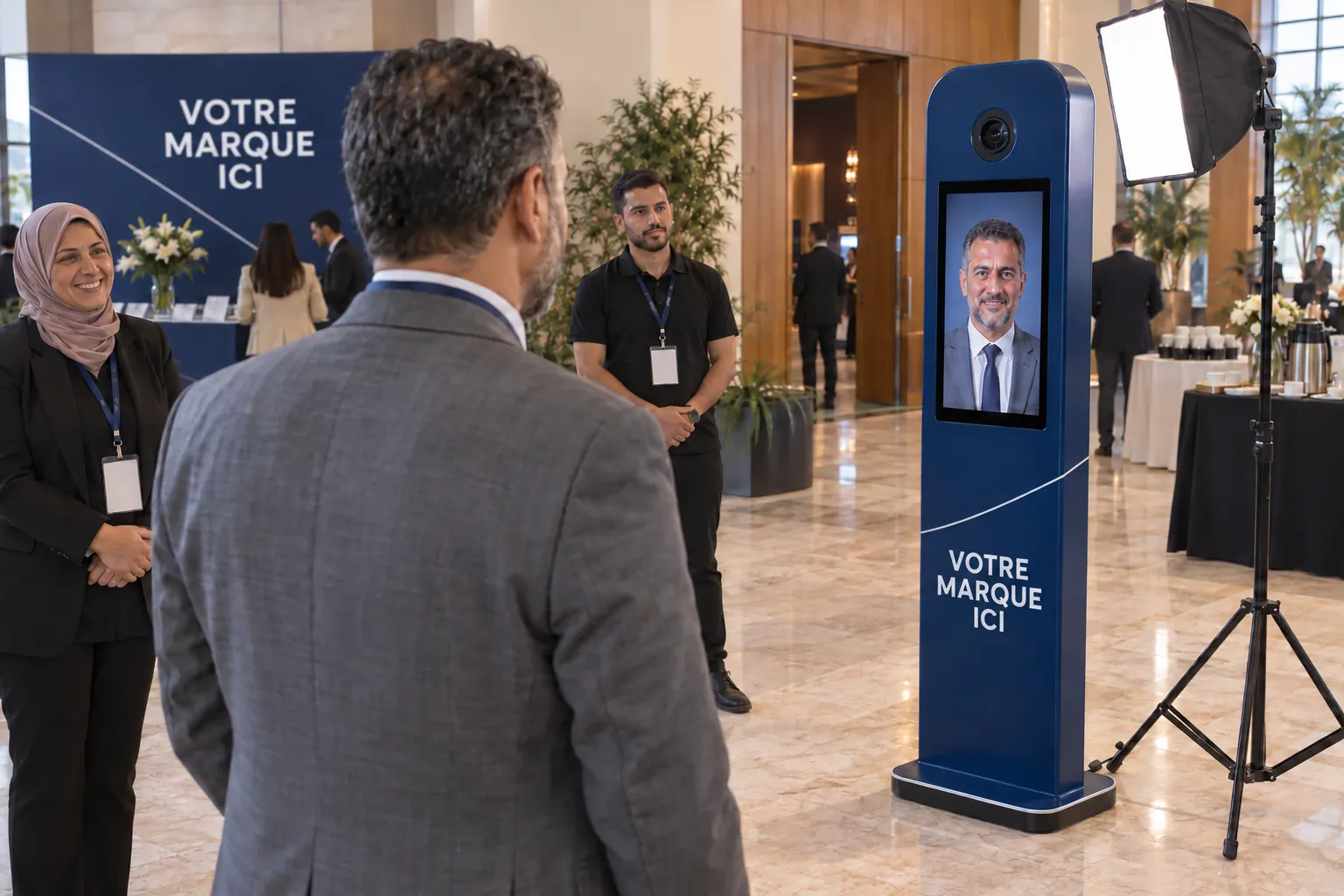Dans le foyer d’une convention, un participant découvre son portrait professionnel sur une borne aux couleurs de votre marque
