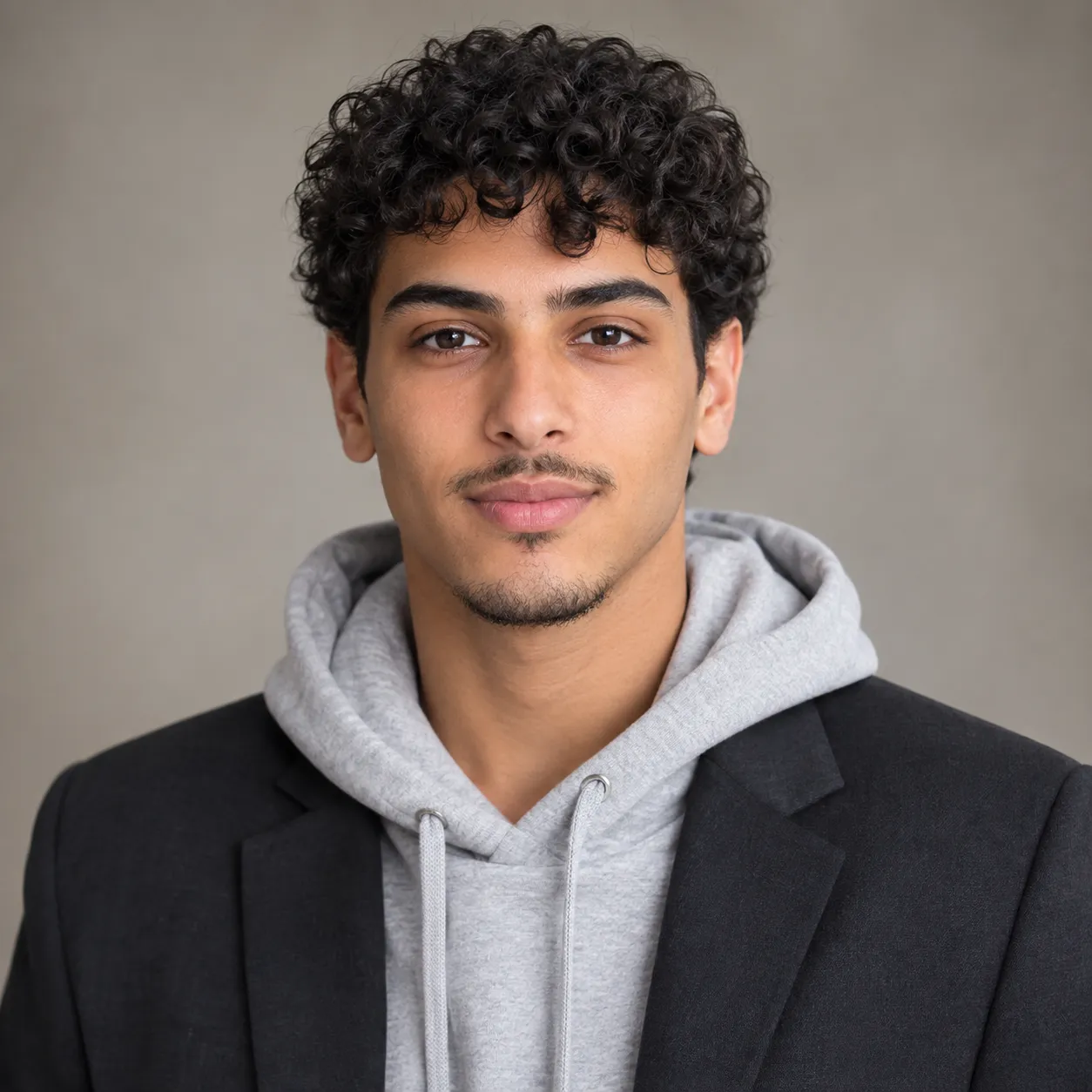 Portrait d’un jeune homme aux cheveux bouclés, sur fond neutre