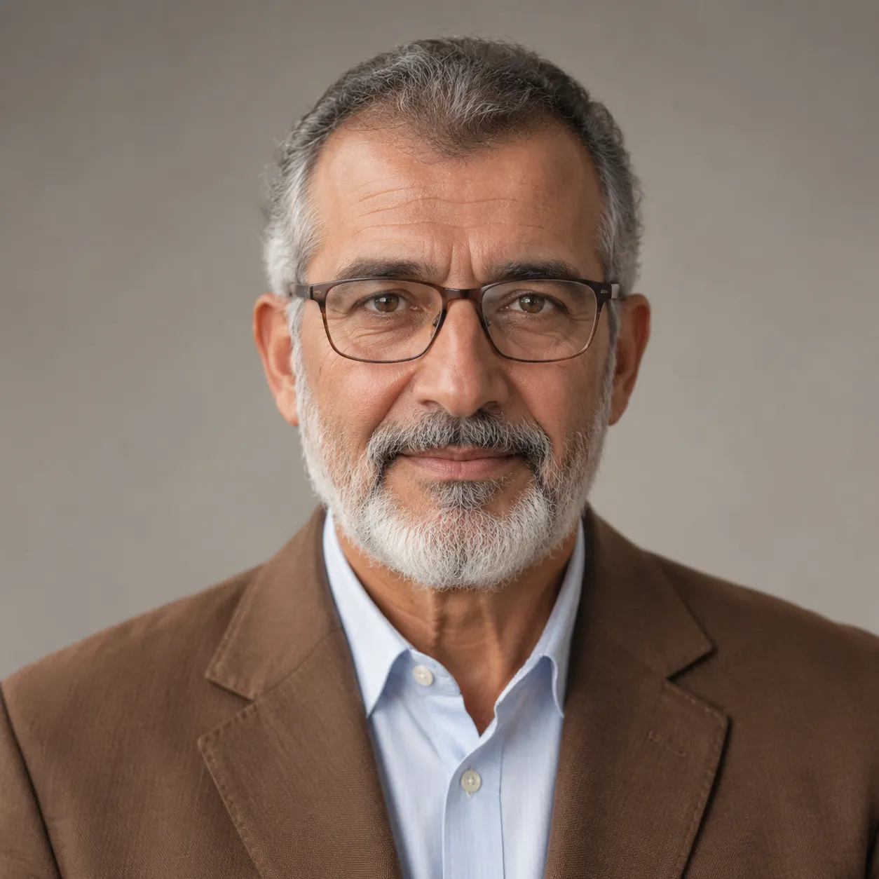 Portrait d’un homme à lunettes et barbe grise, sur fond neutre