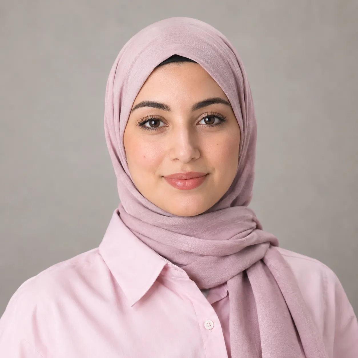Portrait d’une femme en foulard rose, sur fond neutre