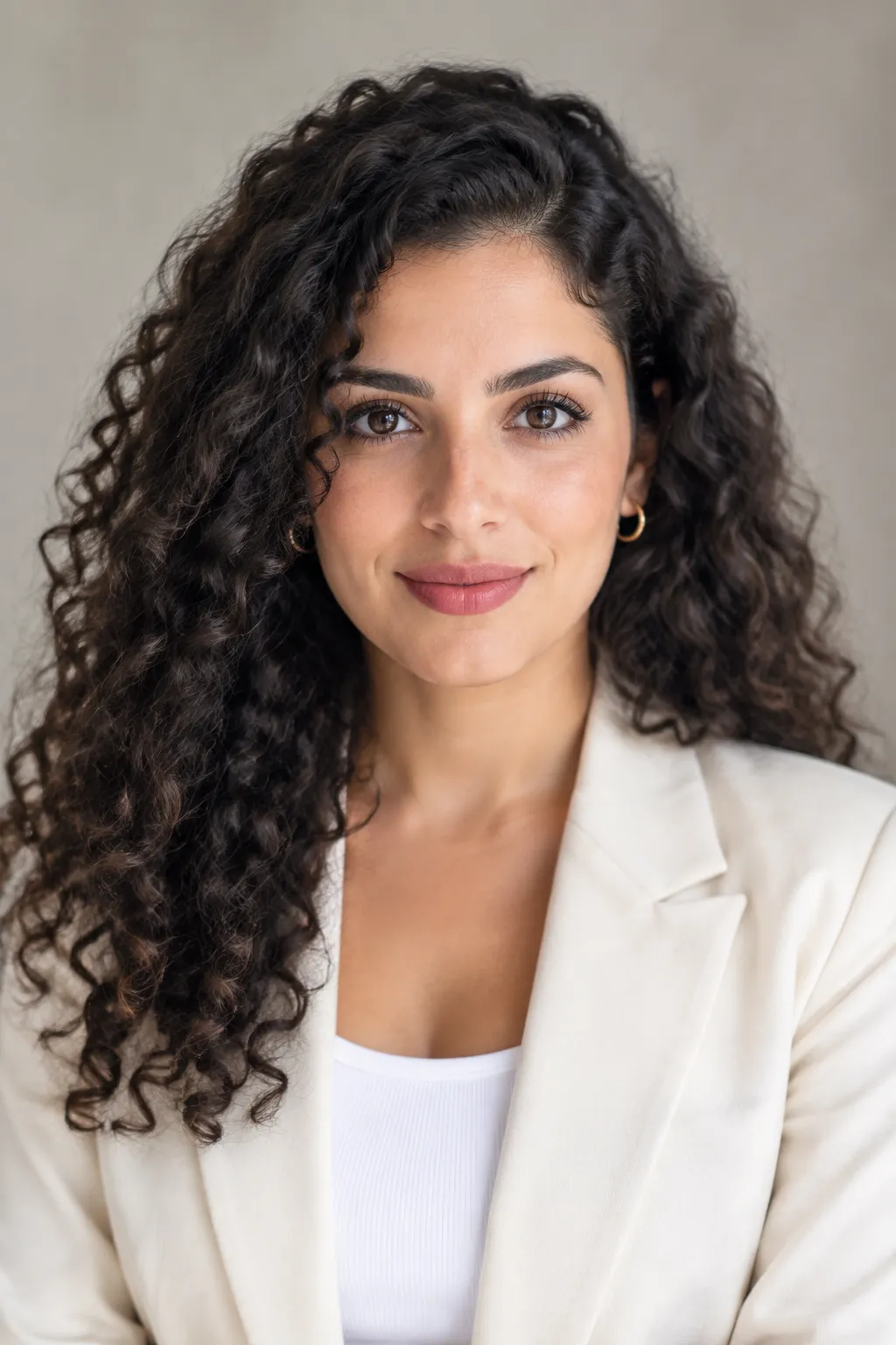 Portrait de candidate en blazer clair, sur fond neutre, prêt pour un CV