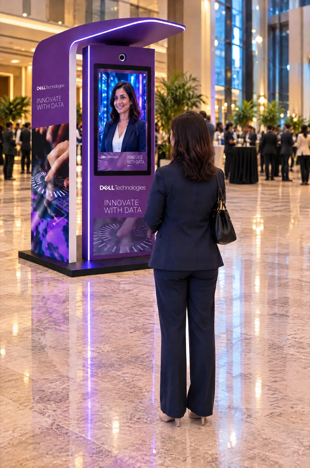 Lors d’une rencontre professionnelle, une invitée se place face à la borne photo IA Dell