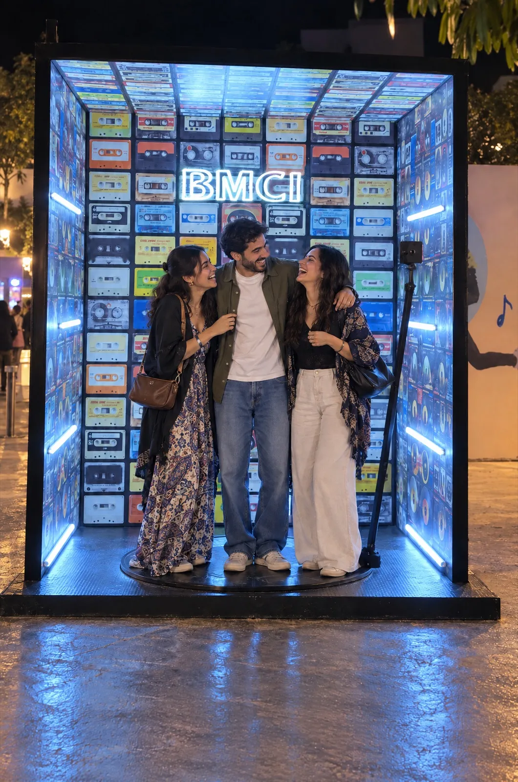 De nuit, un groupe d’amis rit au centre du cube photo BMCI aux murs de cassettes lumineuses, au Nostalgia Lovers Festival