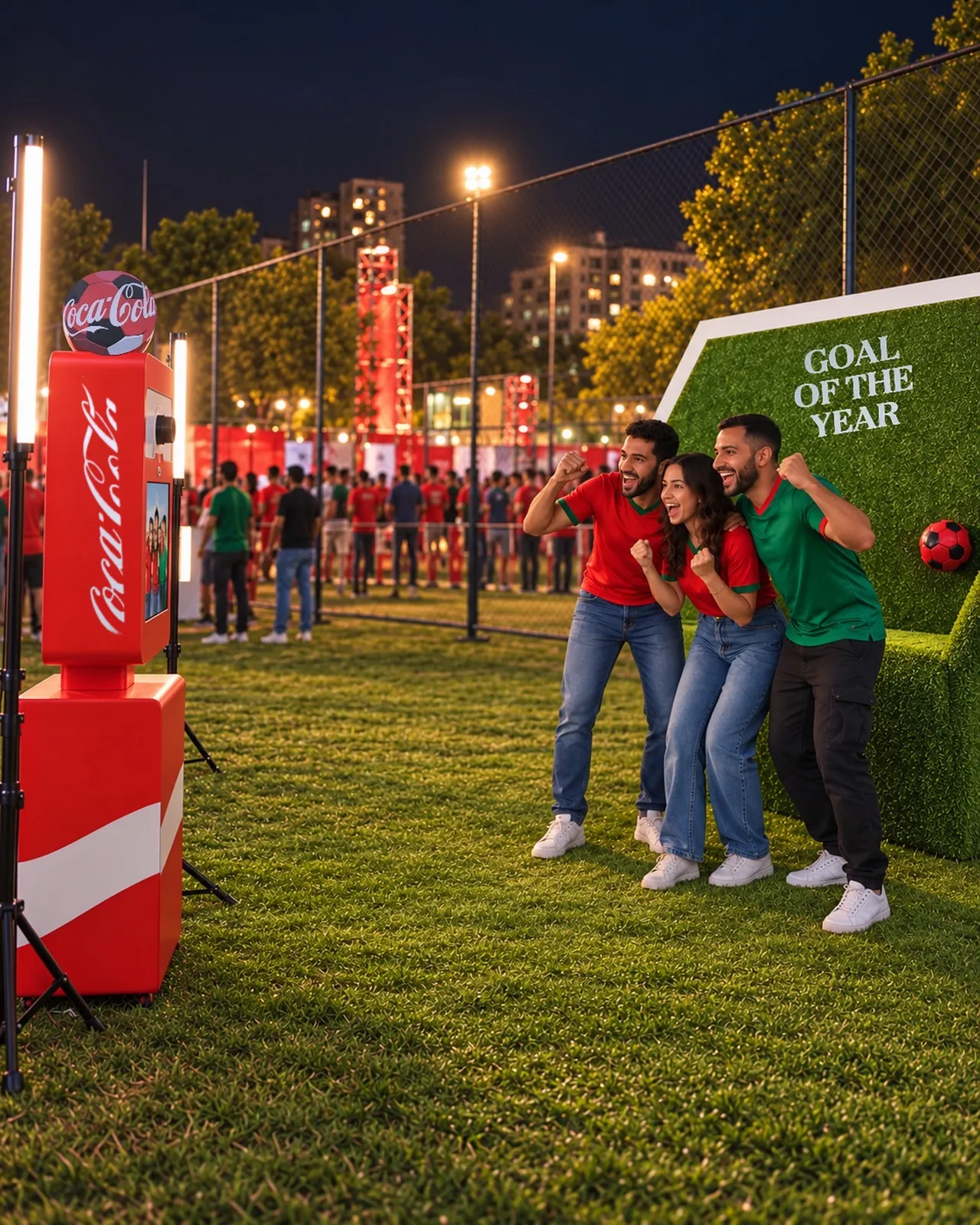De nuit, des supporters marocains posent et crient de joie devant le décor « Goal of the Year », face à la borne photo FanZone Coca-Cola