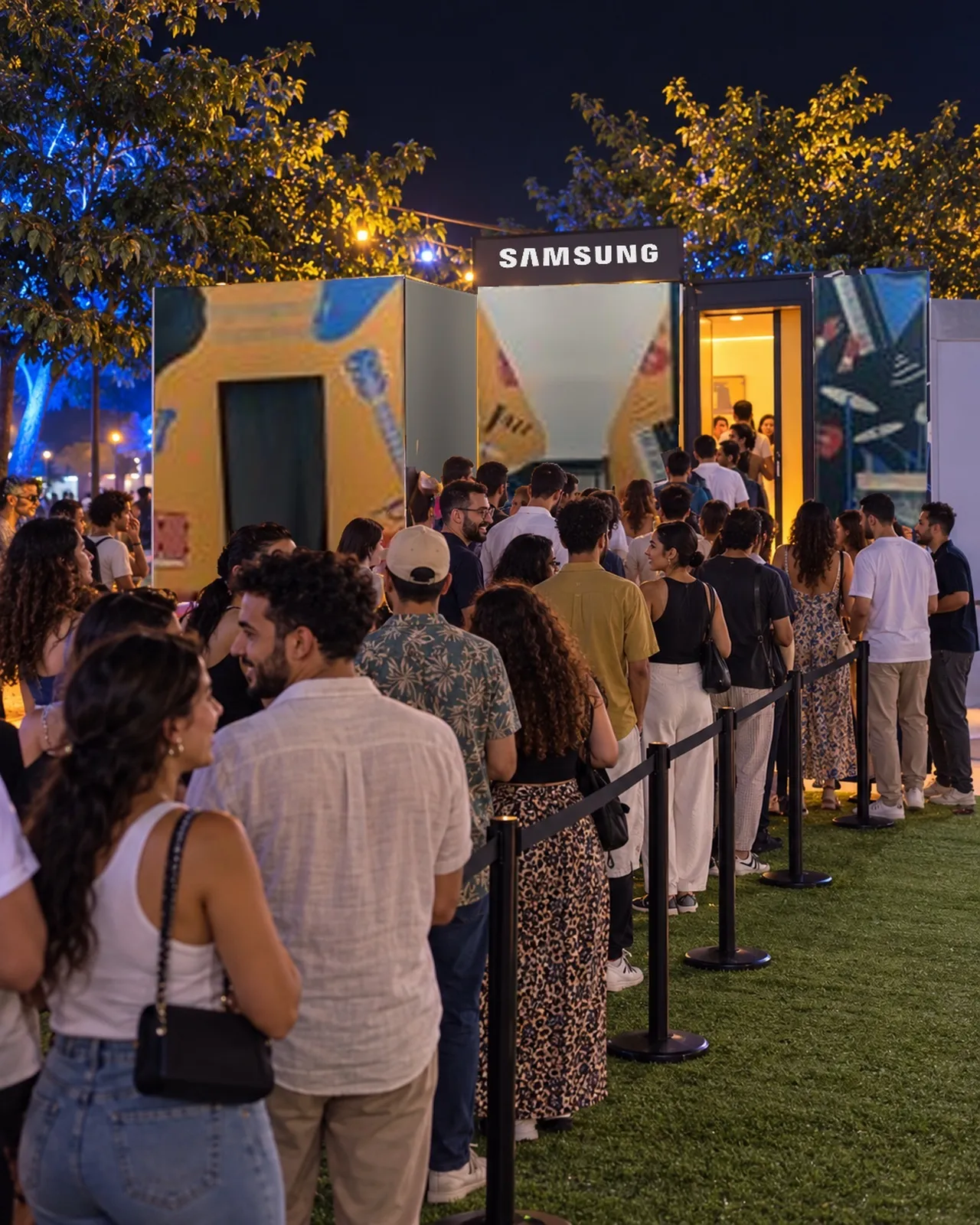 De nuit à Jazzablanca, une longue file de festivaliers attend joyeusement devant le stand Samsung