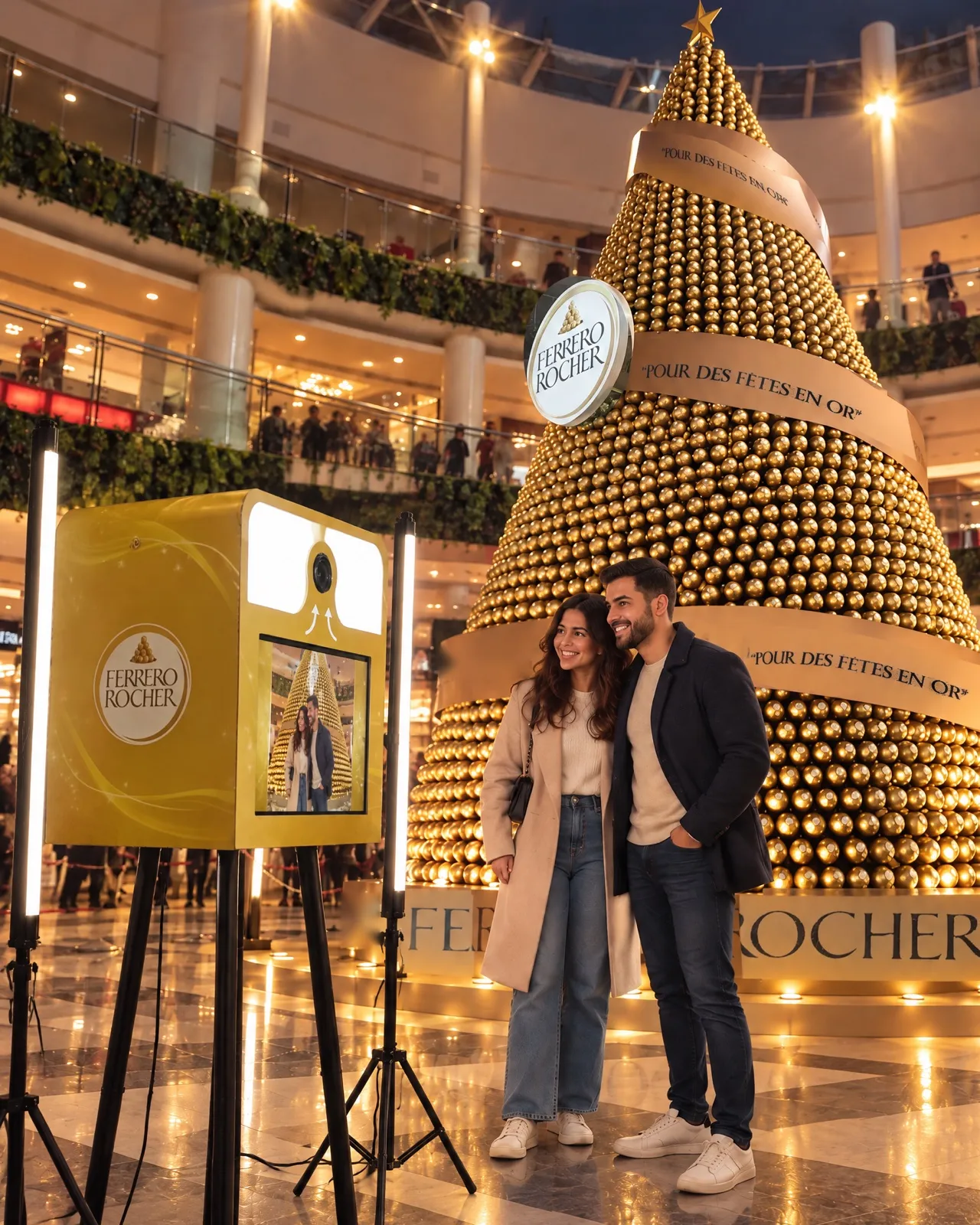 Un couple pose devant le sapin géant de boules dorées Ferrero Rocher, face à la borne photo dorée habillée de la marque