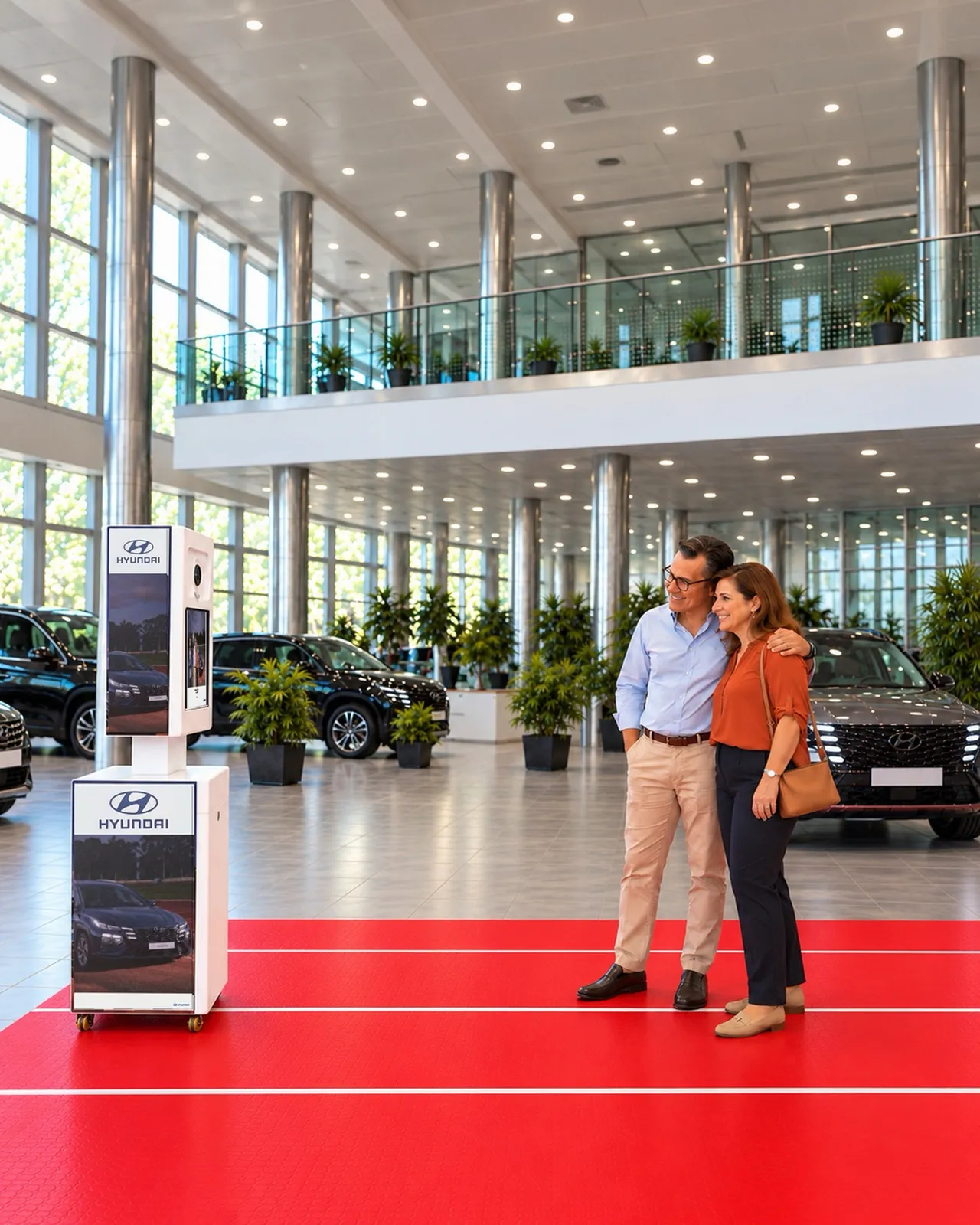 En showroom Hyundai, un couple pose sur le tapis rouge face à la borne photo blanche, le Tucson derrière eux
