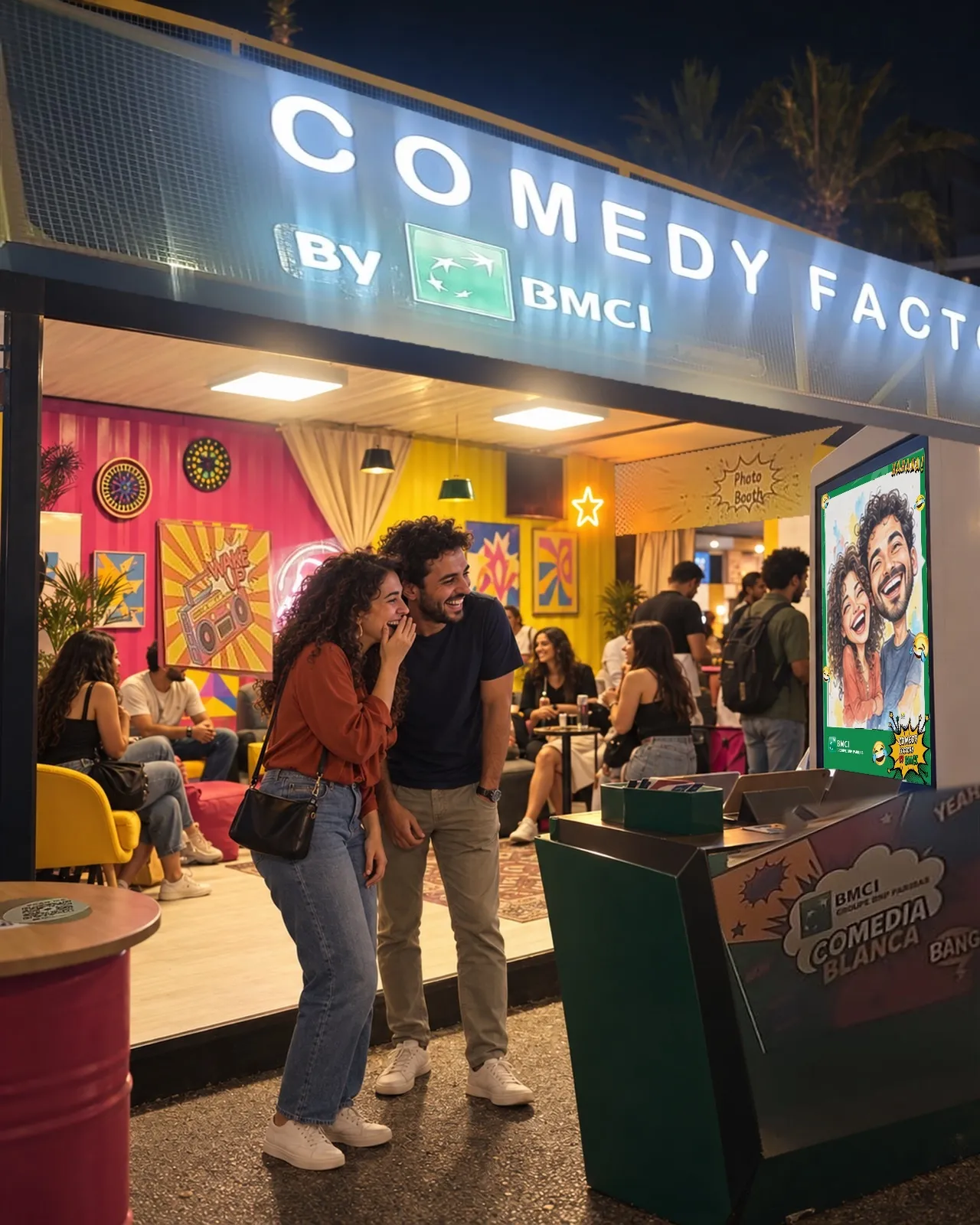 De nuit, devant la Comedy Factory by BMCI, deux amis éclatent de rire en découvrant leur caricature à l’écran