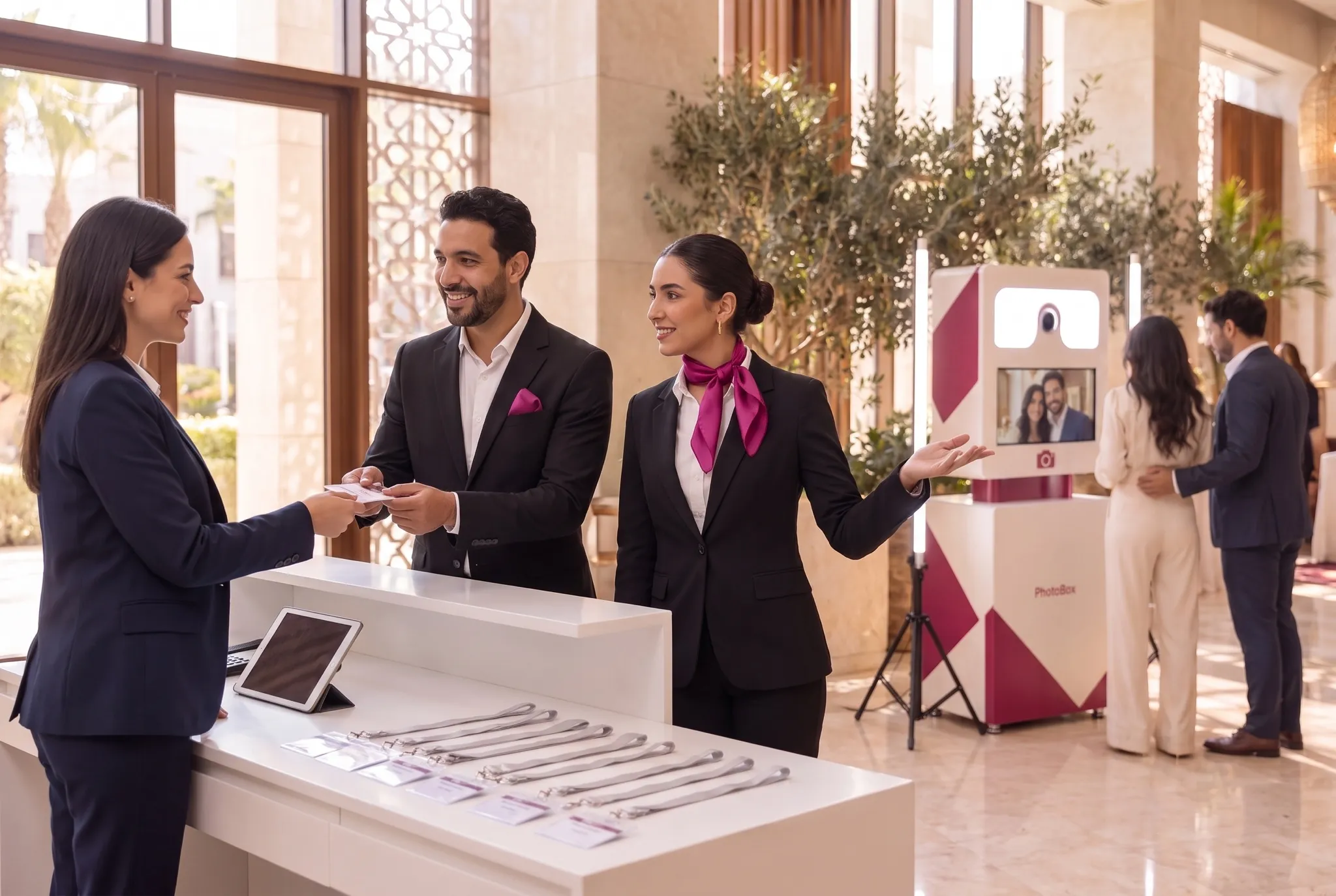 Hosts welcome a guest at the reception desk, a branded PhotoBox booth behind them